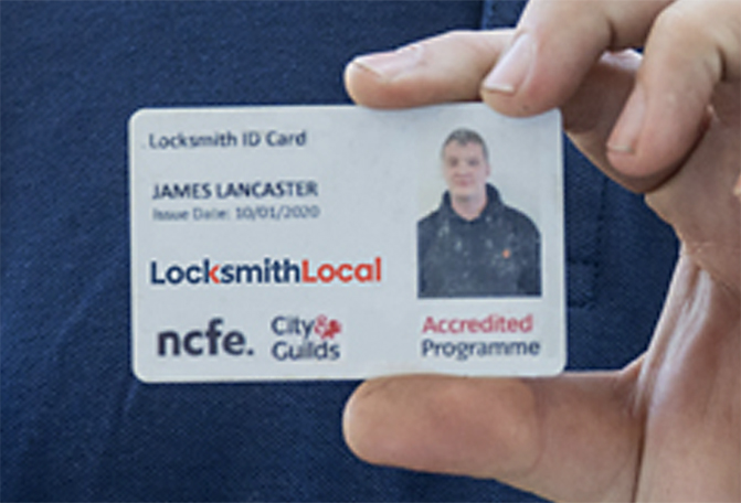 A LocksmithLocal locksmith holding a Locksmith ID Card showing the NCFE and City & Guilds Accredited Programme marks.