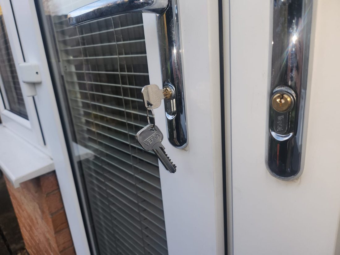 One key shown working the euro cylinders on two separate uPVC doors
