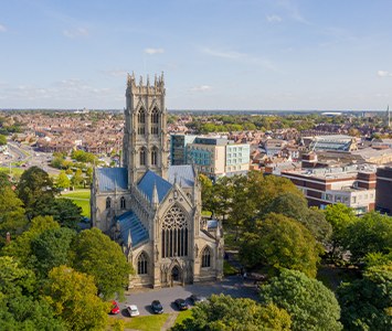 Doncaster Minster, the Grade I listed Church of St George, rising above the town centre