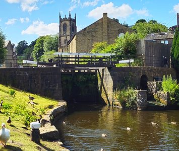 The canal locks at Sowerby Bridge, where the Rochdale Canal meets the Calder & Hebble Navigation beneath the parish church