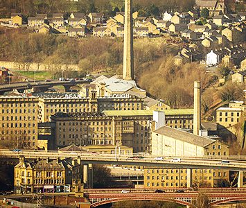 Dean Clough in Halifax — the vast former Crossley carpet mills beside the town, now a landmark business and arts complex below the surrounding Pennine hillsides