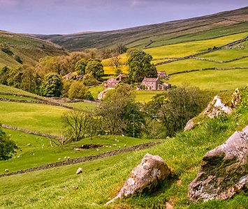 A stone farmstead among drystone-walled pastures in Nidderdale, the Dales landscape that rises west of Harrogate