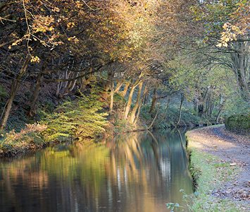 A quiet, tree-lined stretch of canal in autumn in the Huddersfield area, the still water reflecting the turning leaves