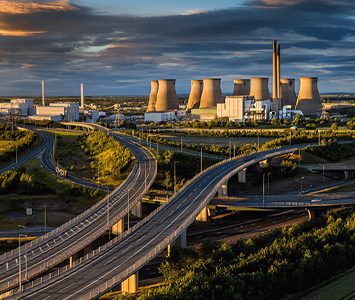 The motorway interchange near Ferrybridge, by Pontefract, pictured before the cooling towers of the former Ferrybridge power station were demolished between 2019 and 2022
