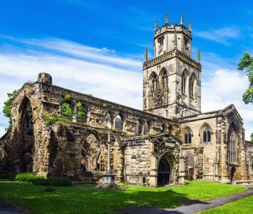All Saints' Church in Pontefract, the Grade II* listed "church within a church" whose medieval nave was left ruinous by the Civil War sieges of the 1640s, with its tower still standing
