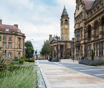 Wakefield's Civic Quarter on Wood Street, with the Grade I listed Town Hall and its Victorian clock tower beside the former County Hall and Crown Court buildings in the heart of the city